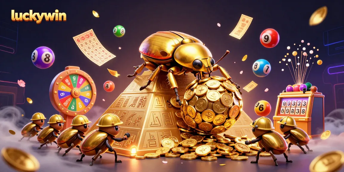 Unleash your luck at Luckywin with vibrant gaming elements and a golden beetle adventure.