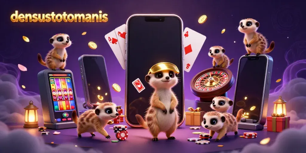 Meerkats in a vibrant casino scene, showcasing the densustotomanis gaming experience with colorful slot games.