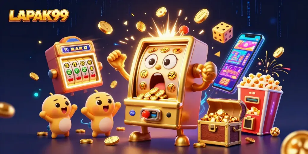 LAPAK99 jackpot celebration with golden slot machines and dynamic casino elements.