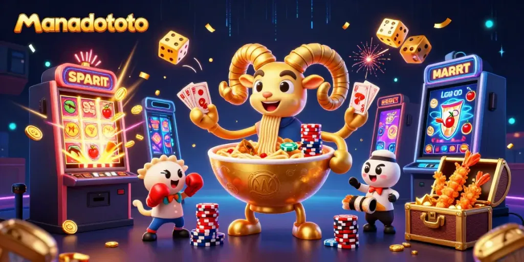 Experience thrilling gameplay with manadototo's vibrant casino scene featuring a golden ramen bowl and lively characters.