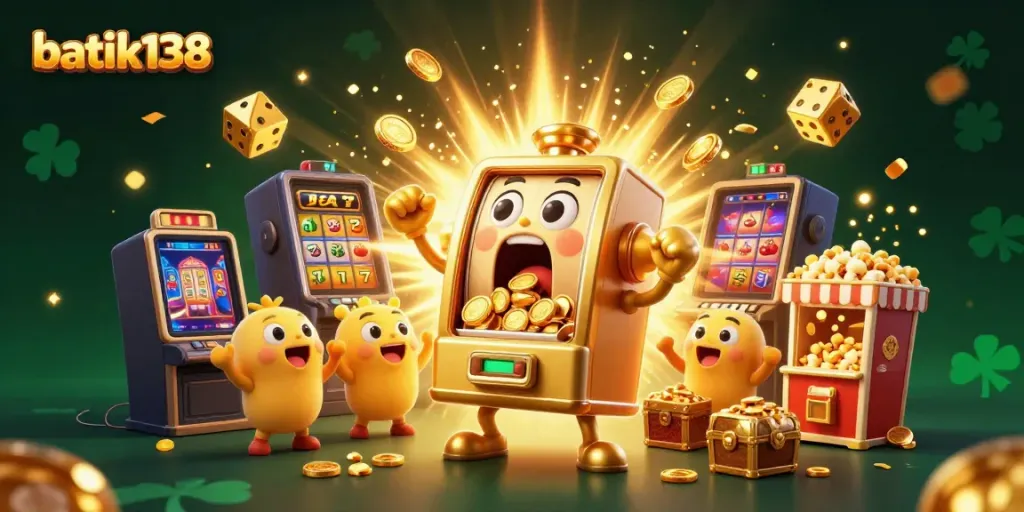 Mesin slot batik138 menang jackpot dengan koin berhamburan dan mesin slot kecil bersorak kegirangan.