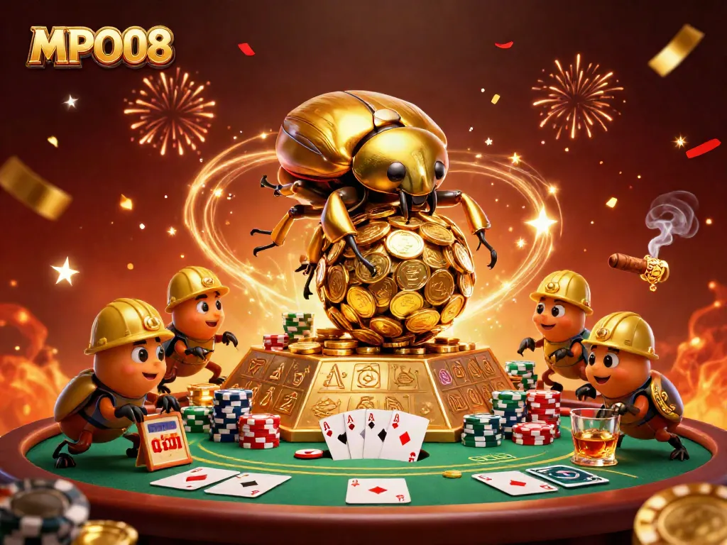 MPO08 showcases a vibrant illustration of cartoon beetles amid golden coins and poker elements, capturing the essence of casino excitement.