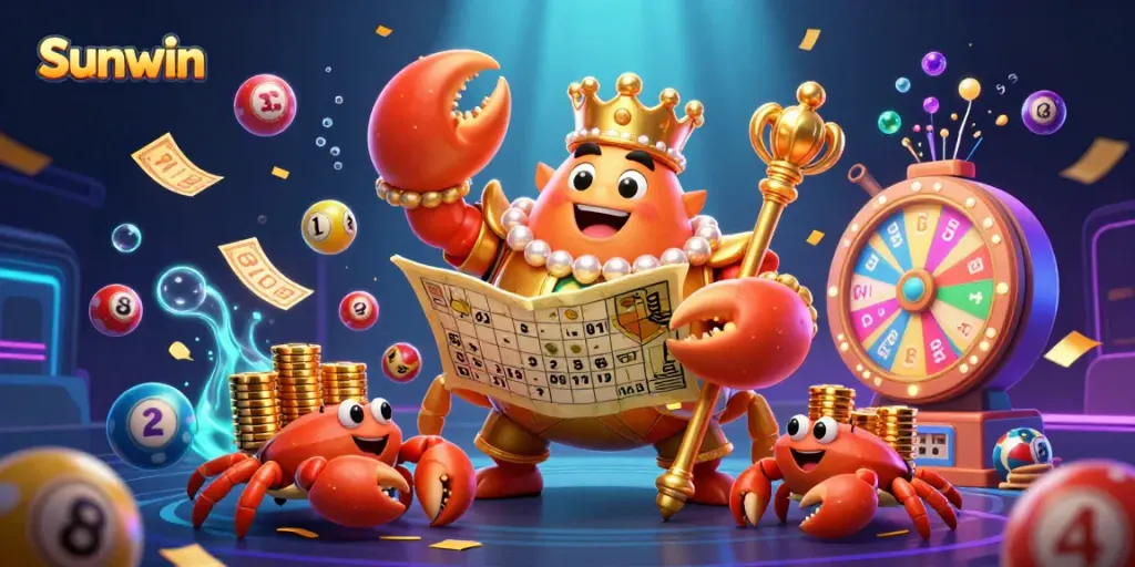 Experience Sunwin's exciting gaming world with a vivid illustration of a golden crab emperor and vibrant lottery elements.