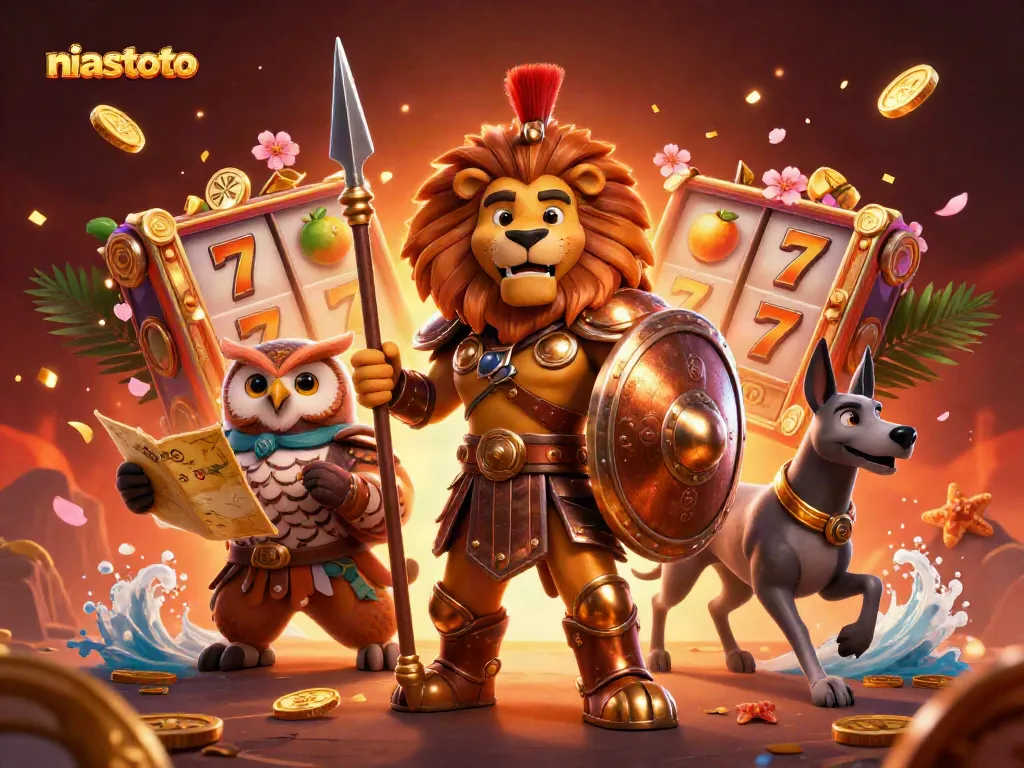 NIASTOTO menampilkan singa perang dalam armor lengkap, dikelilingi simbol permainan slot berwarna cerah.