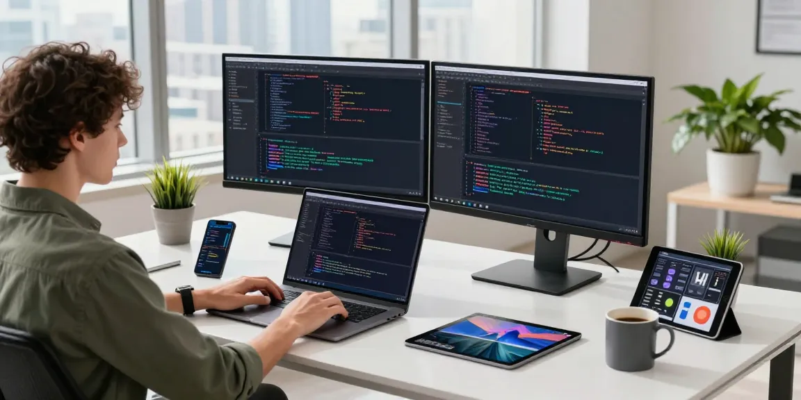 Workspace modern untuk pengembangan perangkat lunak dengan orang yang menggunakan laptop, memperlihatkan elemen-elemen teknologi sambil memprediksi permainan.