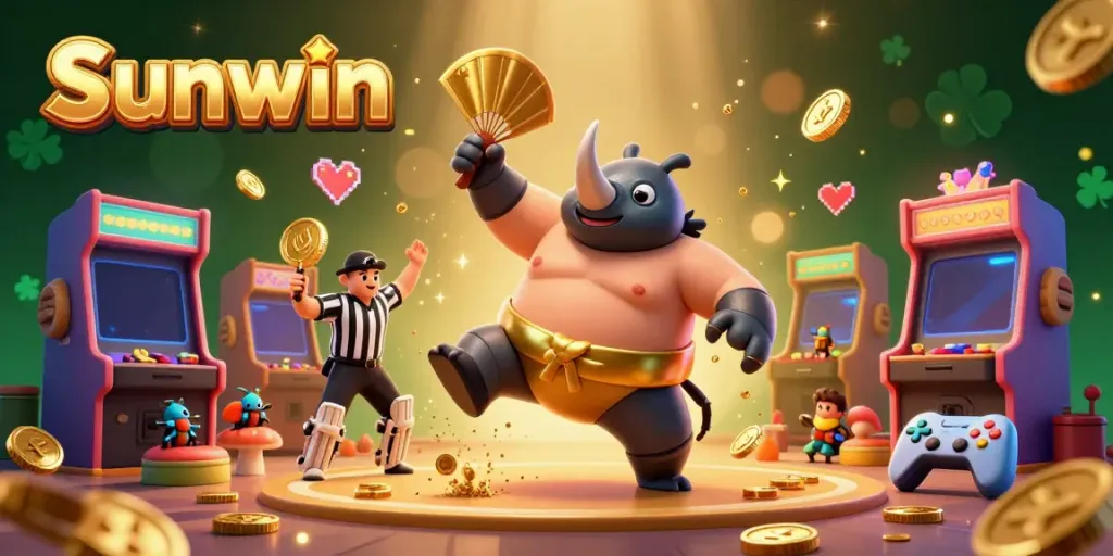 Sunwin champions gaming with a dynamic illustrated scene of a rhinoceros beetle sumo wrestler amid flying coins and glowing arcade machines.