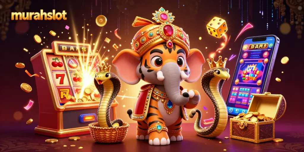 Spin to win at murahslot with a vibrant 3D casino scene featuring jackpot slot machines and animated characters.
