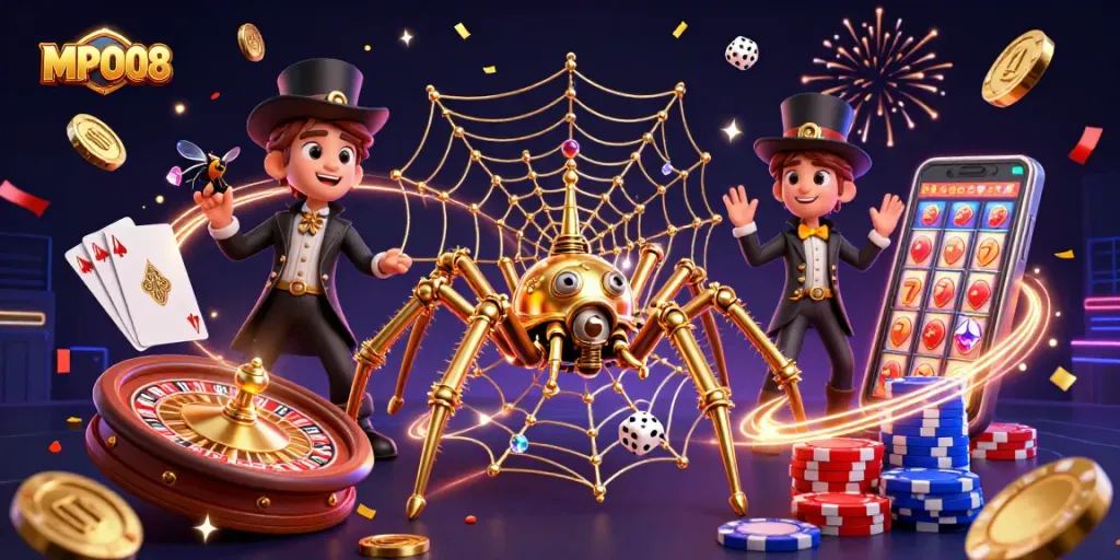 MPO08 entices players with an intricate game scene featuring a golden spider and stunning visuals.