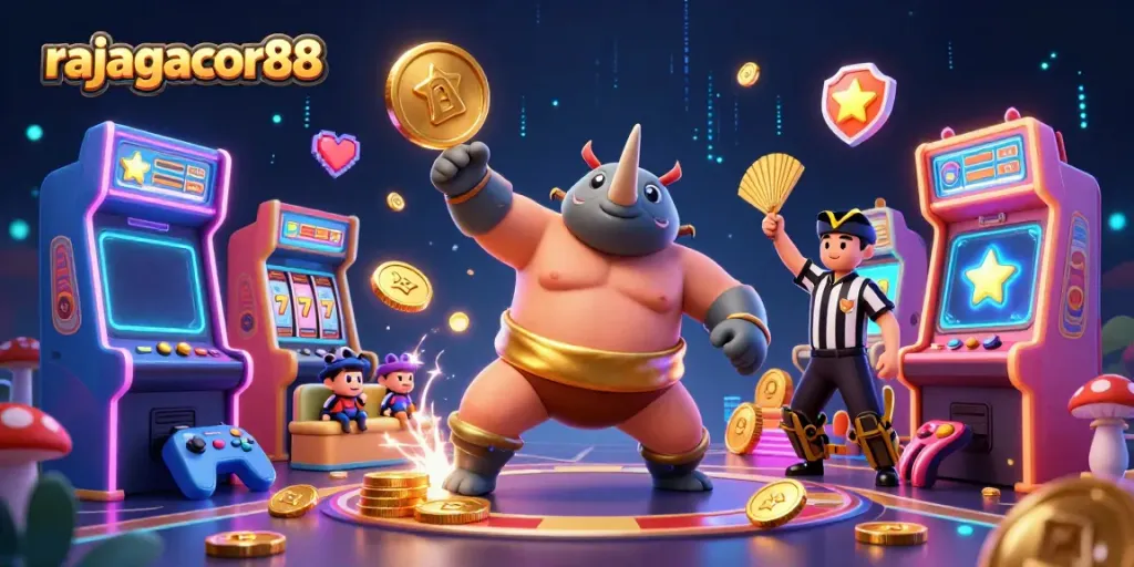 Experience the excitement of rajagacor88 with dynamic characters and colorful casino elements flying around.