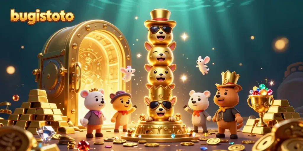 Engage in bugistoto gaming action with a vibrant scene featuring a golden totem pole and treasure vault.