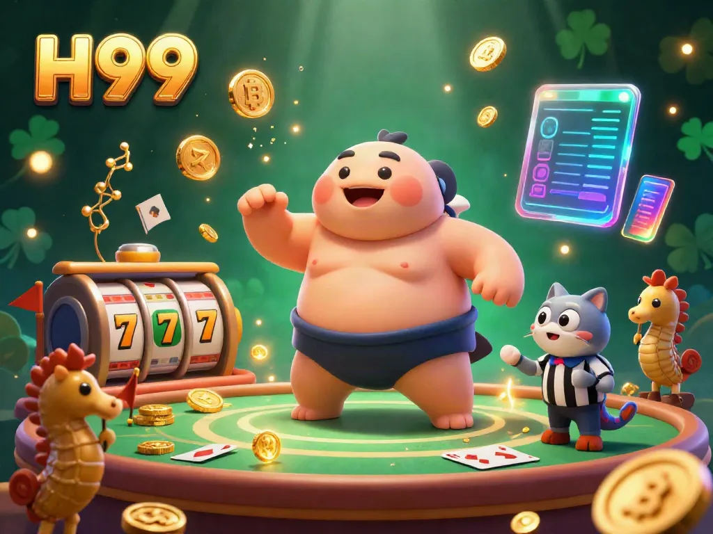 H99 casino illustration featuring a sumo fugu, catfish referee, and vibrant gaming elements.