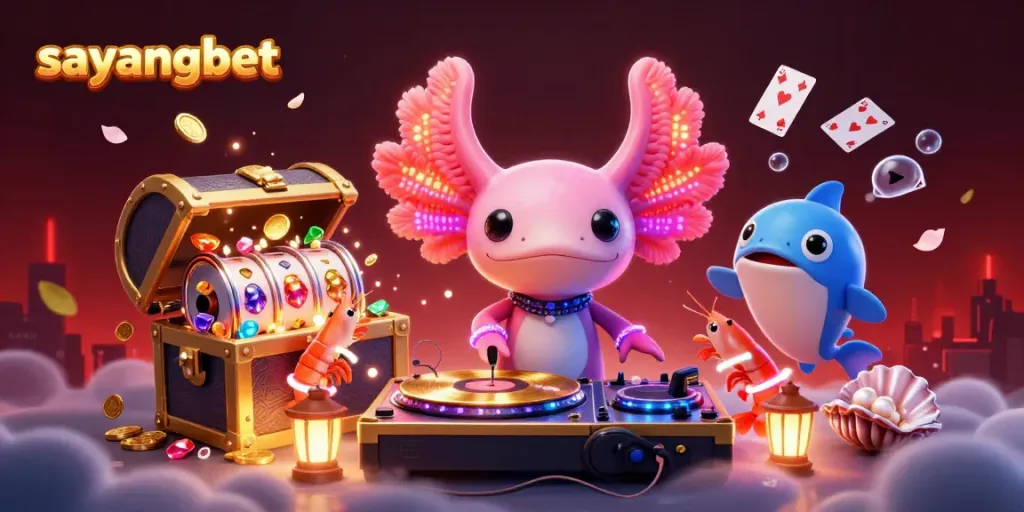 Experience the thrilling excitement of sayangbet with vibrant casino-themed 3D illustration featuring dynamic DJ axolotl and lively underwater characters.