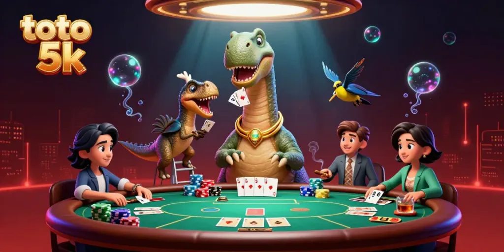 Spin the excitement at toto 5k with a playful dinosaur dealer and vibrant poker scene.