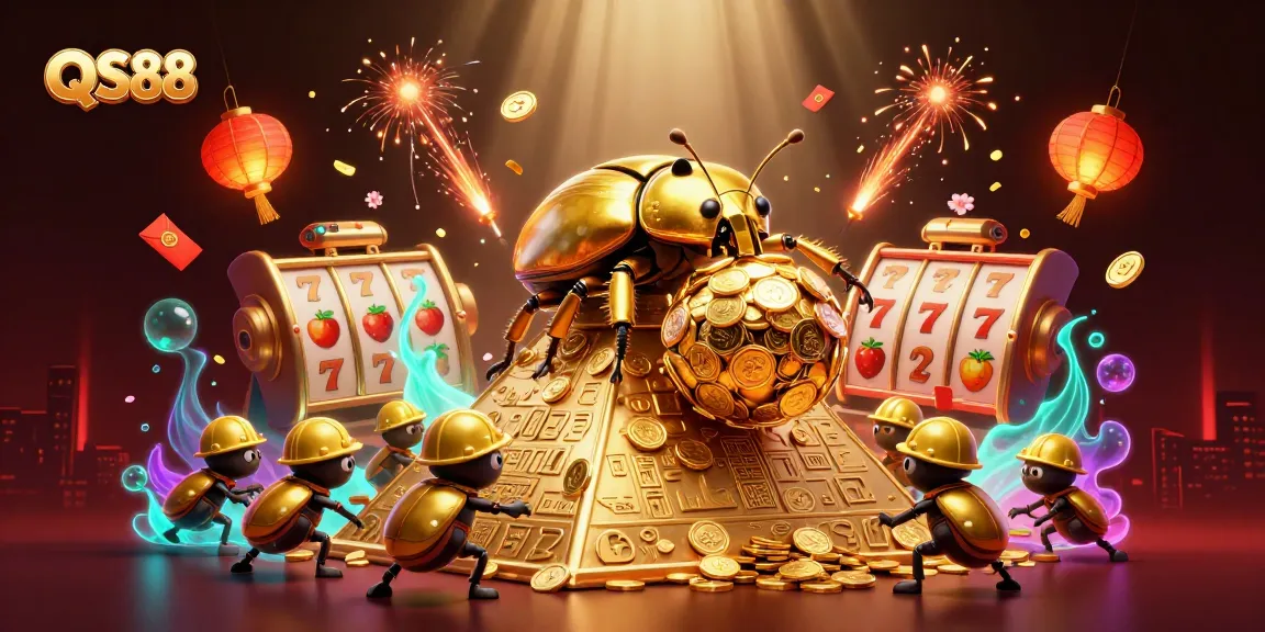 QS88 showcases an engaging casino scene with golden beetles and vibrant slot elements.