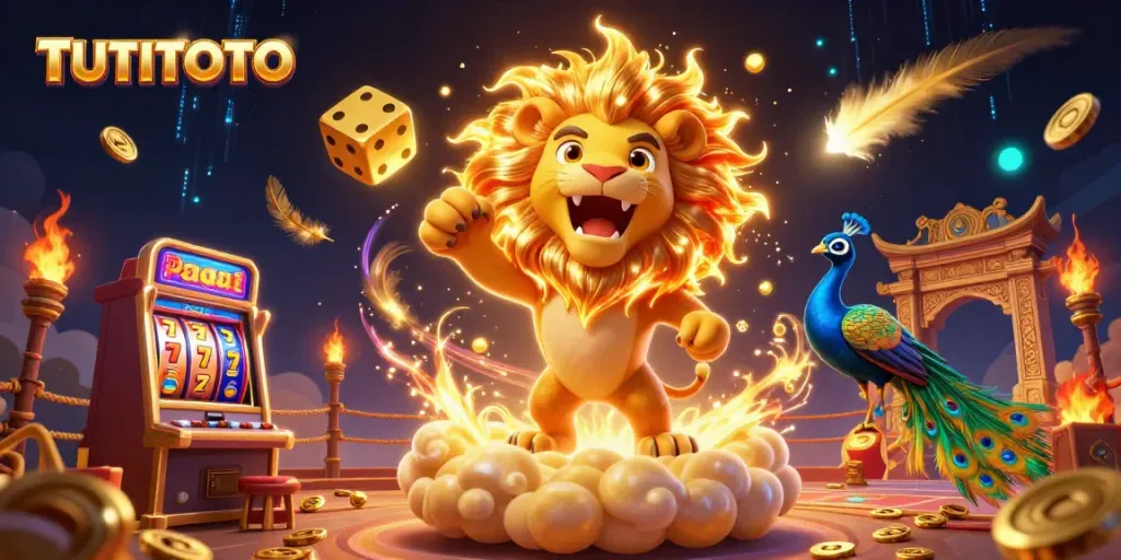 TUTITOTO Roaring lion in vibrant casino scene with golden dice and slot reels