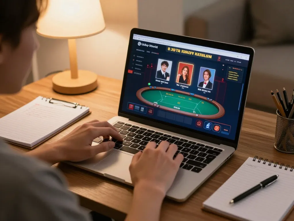 Persona che interagisce con migliori bookmaker non aams su un laptop mentre studia strategie di scommesse a casa