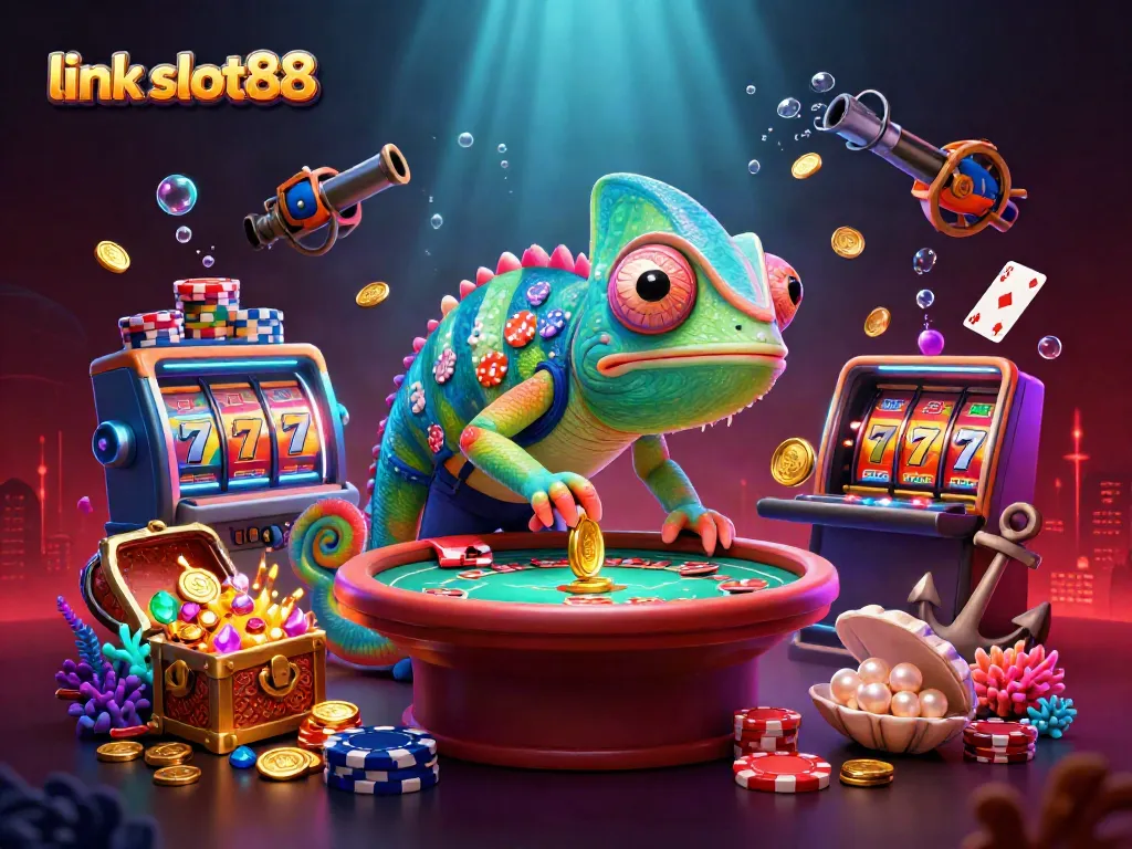Engage with the exciting world of link slot88, featuring a colorful chameleon casino owner in a vibrant gaming scene.