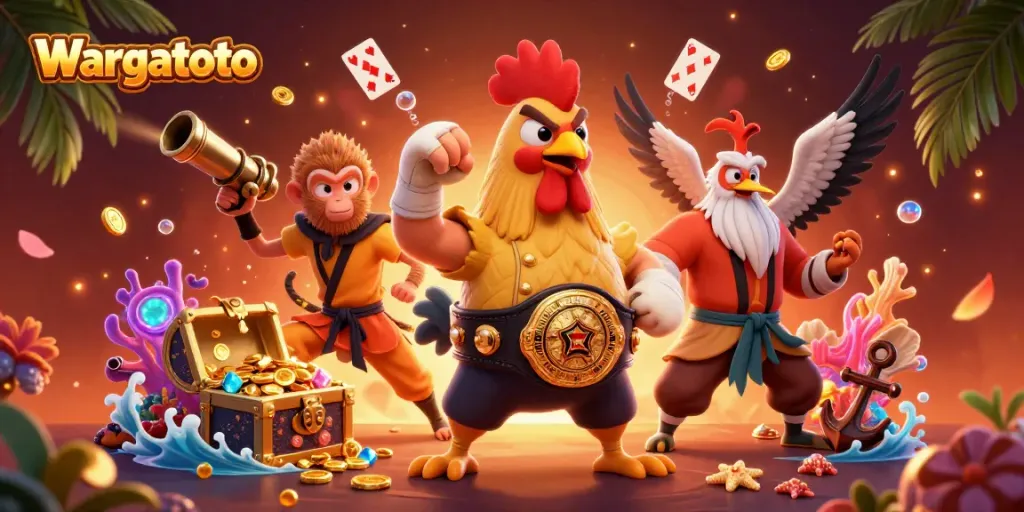 Wargatoto, menggambarkan karakter ayam Muay Thai dan seniman kungfu sambil bermain, dengan harta karun dan kartu mengelilingi mereka.