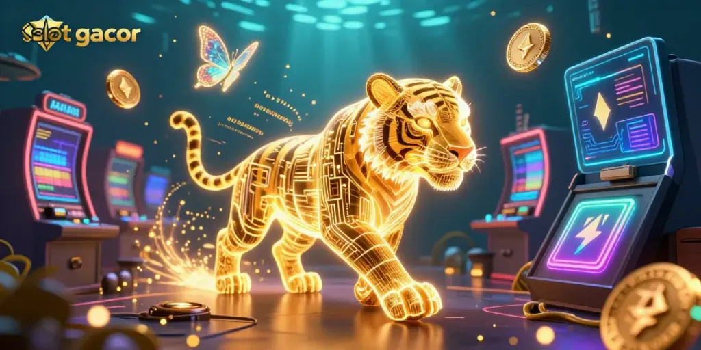 Experience slot gacor with a 3D cartoon tiger in a digital casino amid vibrant gaming elements.