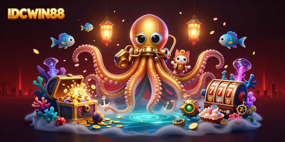 Experience the excitement of gaming at IDCWIN88 with golden kraken and slot elements surrounding players in a vibrant scene.