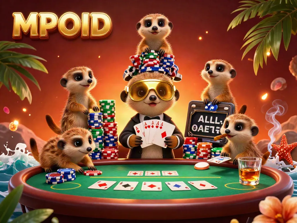 MPOID meerkats animatedly organize a vibrant casino scene filled with colorful poker elements.