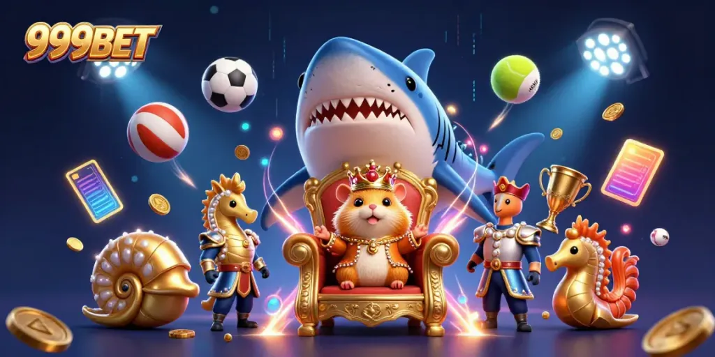 Experience the vibrant world of 999BET with a golden hamster king surrounded by sports elements and royal companions.