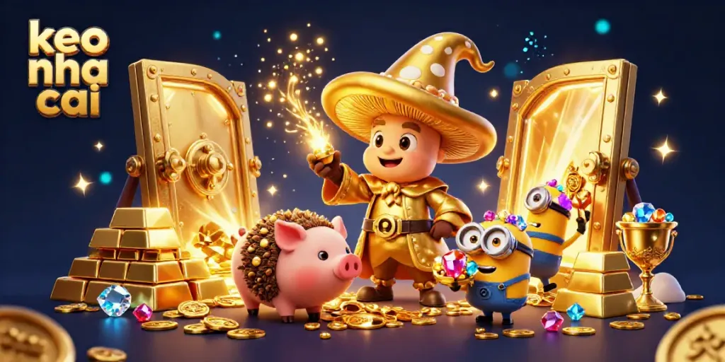 Engage with keo nha cai magic in a vibrant scene showcasing a golden wizard, treasure, and sparkling gems.