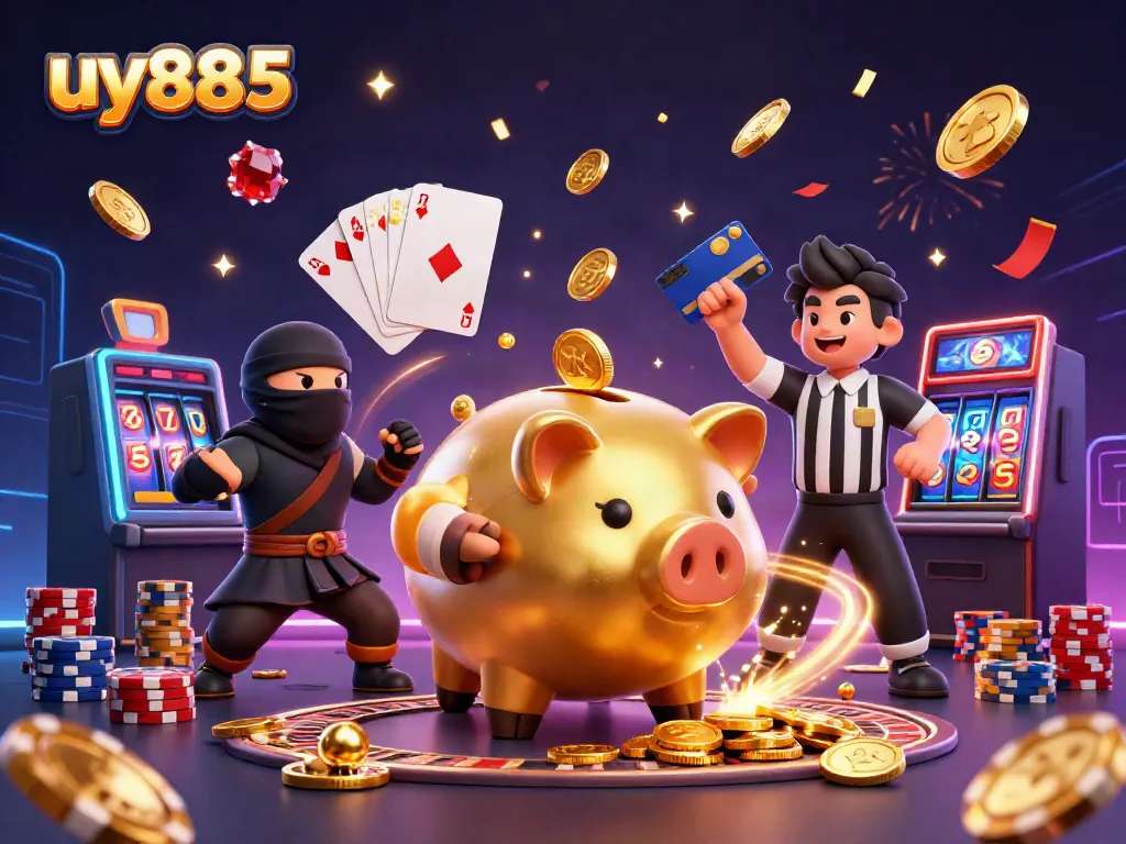 Experience thrilling gameplay with uy885, featuring a dynamic casino scene with iconic characters and vibrant elements.