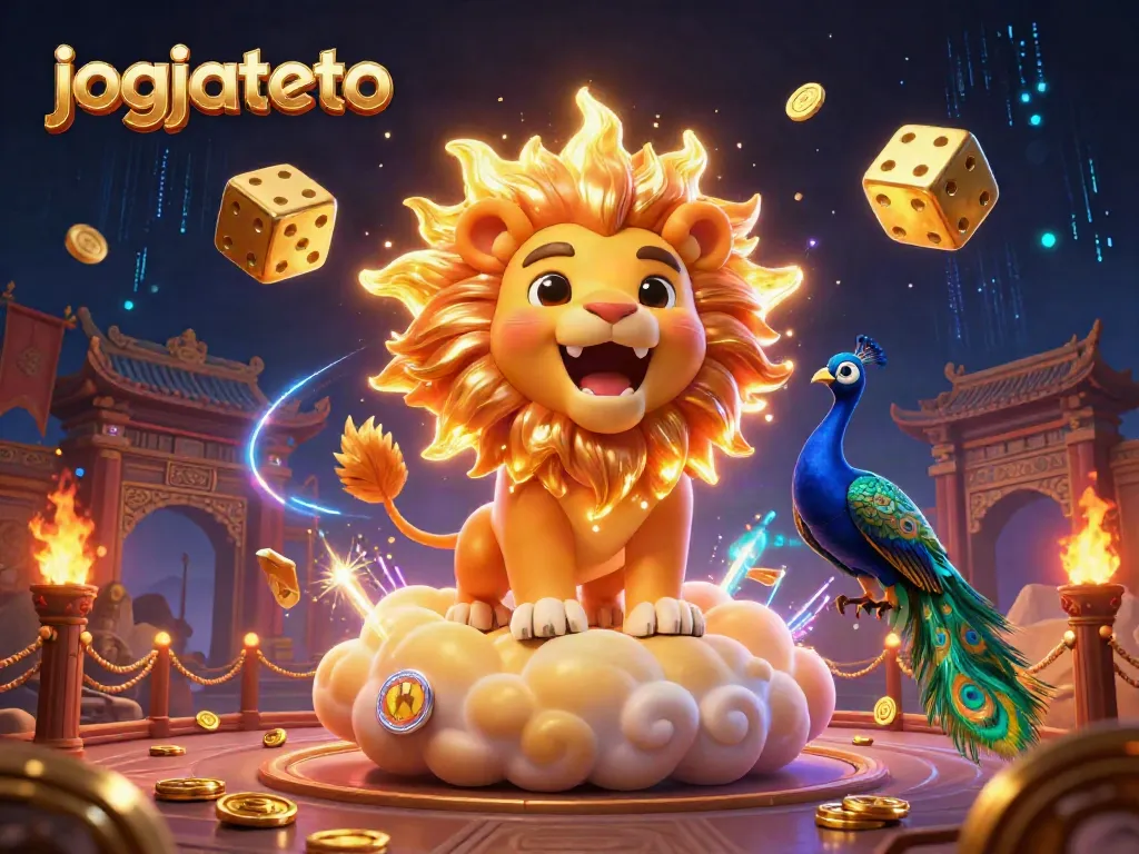 Experience excitement at jogjatoto with dynamic casino elements, featuring a sun lion and golden dice.