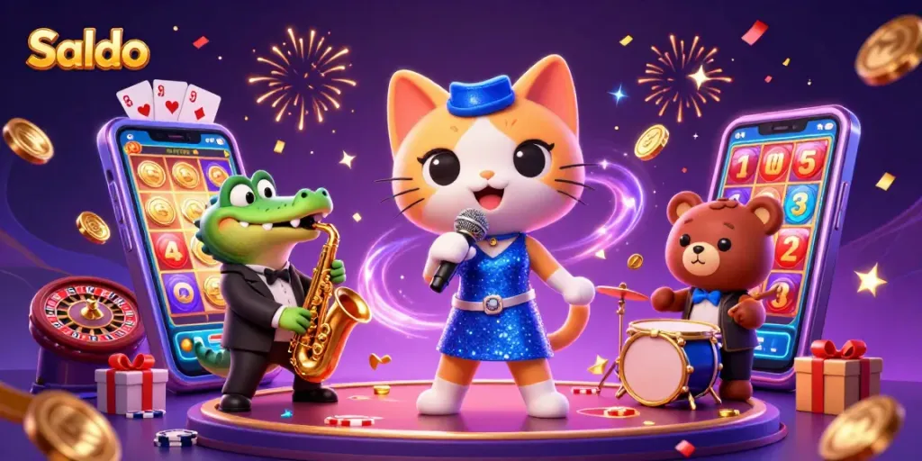 Saldo menampilkan kucing penyanyi jazz dengan latar belakang kasino dan elemen permainan yang meriah.