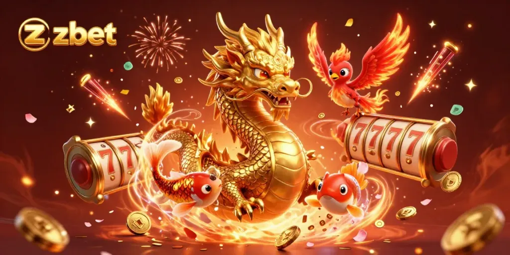 Experience winning moments at ZBET with a vibrant celebration of games featuring slots, dragon, and coins.
