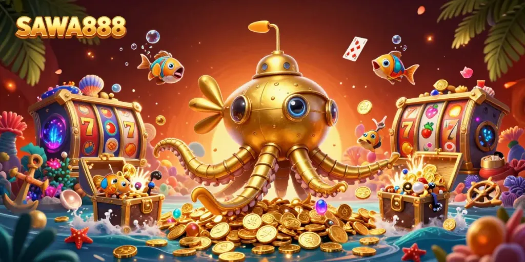 Experience SAWA888's vibrant 3D underwater scene with a golden kraken and spinning slot reels.