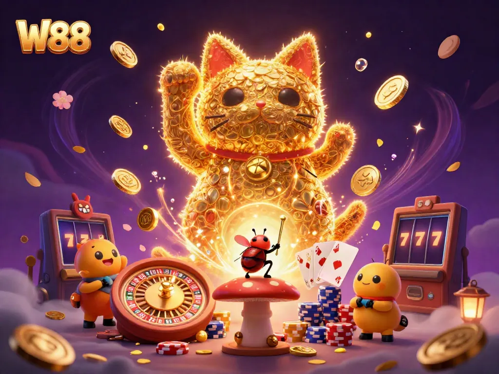 Experience W88's vibrant gaming world with a golden lucky cat surrounded by cascading coins and gems.