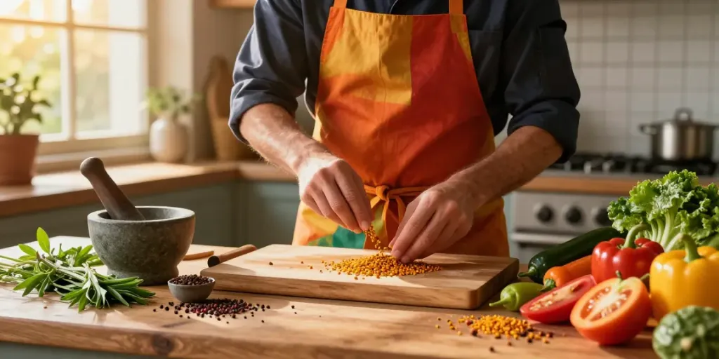 Memasak dengan annatto di dapur yang cerah dengan cahaya alami.