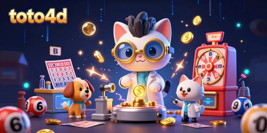 Permainan toto4d yang mendebarkan dengan karakter sains yang bermain lotere dan kartu bingo.