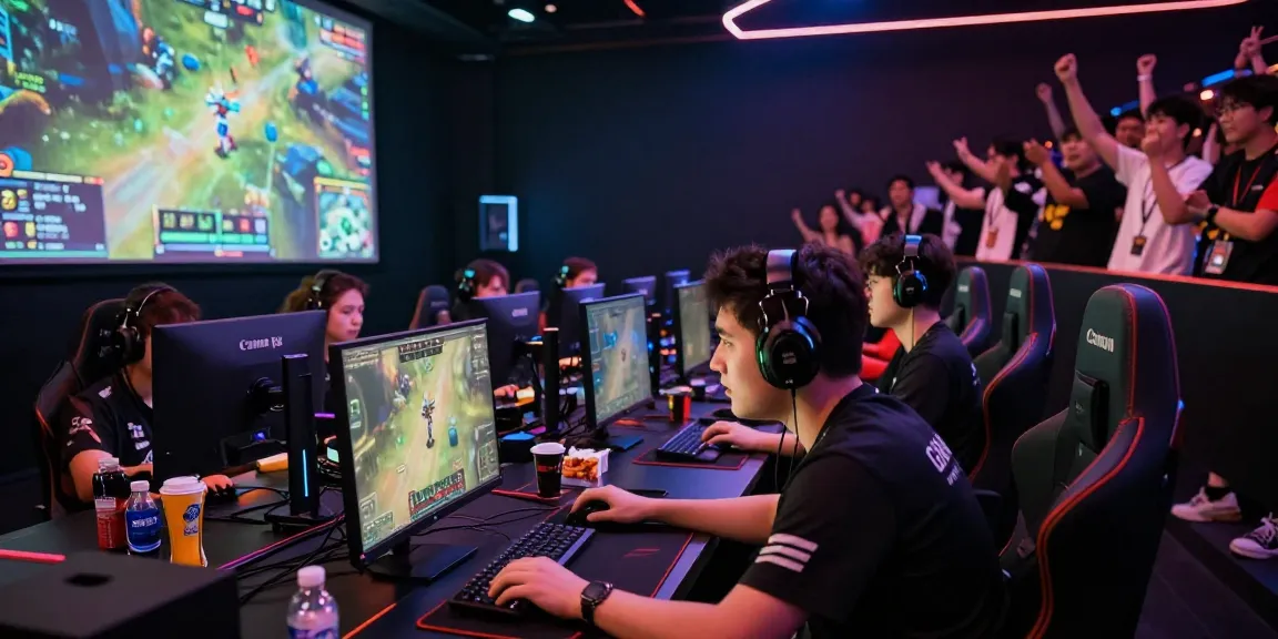 Tim bermain ligagalaxy secara intens di arena esports modern dengan penonton antusias.