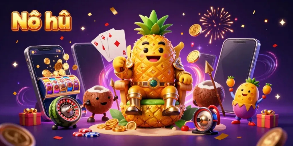 Engaging Nổ hũ casino scene showing a golden pineapple king with colorful slot elements.
