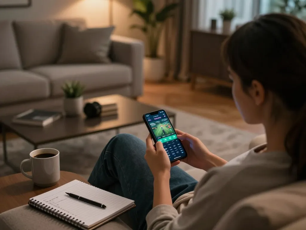 Cakhia tv user placing sports bets on smartphone in a cozy living room setting.
