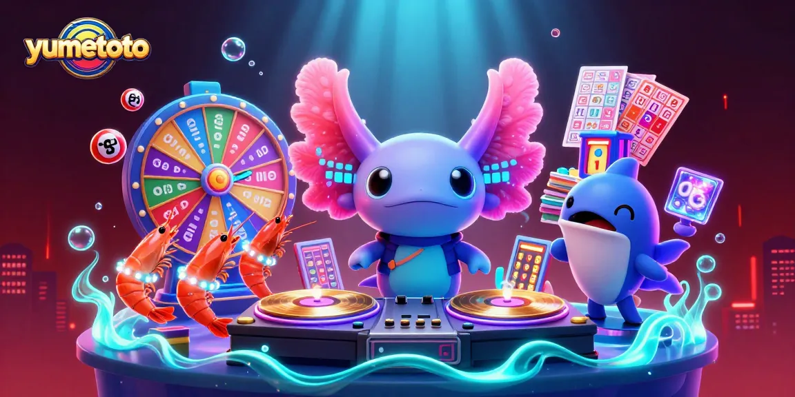 Engage in exciting draws with yumetoto as dancing axolotl DJ spins golden records among colorful bingo cards.