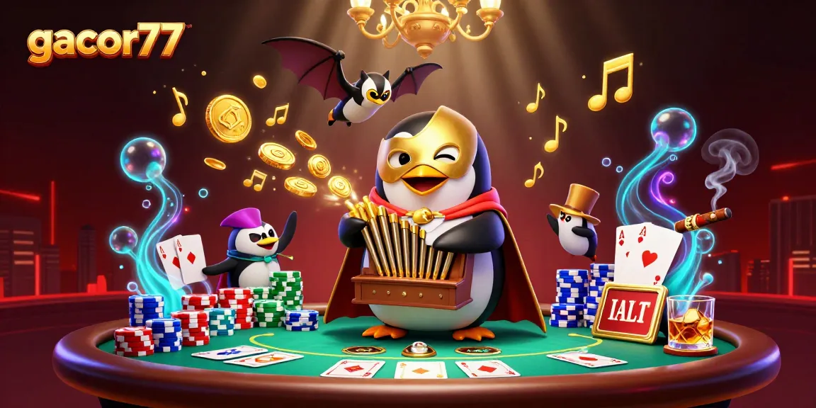 Gacor77 hadir dengan penguin opera yang terbang, mengalirkan koin emas dalam suasana kasino menggembirakan.