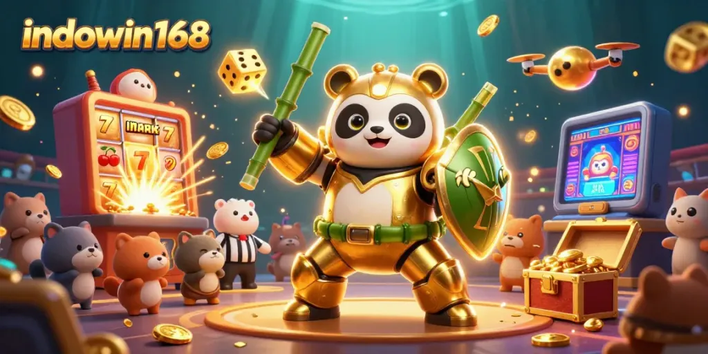 Experience the excitement of indowin168 with a vibrant 3D casino scene featuring a golden panda in action.