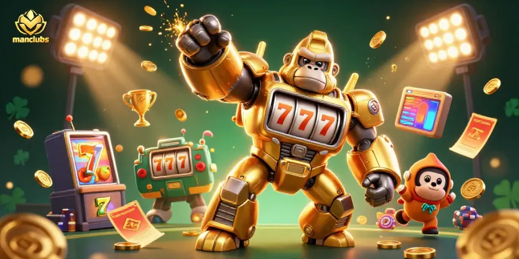 Experience thrilling action at manclubs with slot machine gorilla mech amidst casino elements.