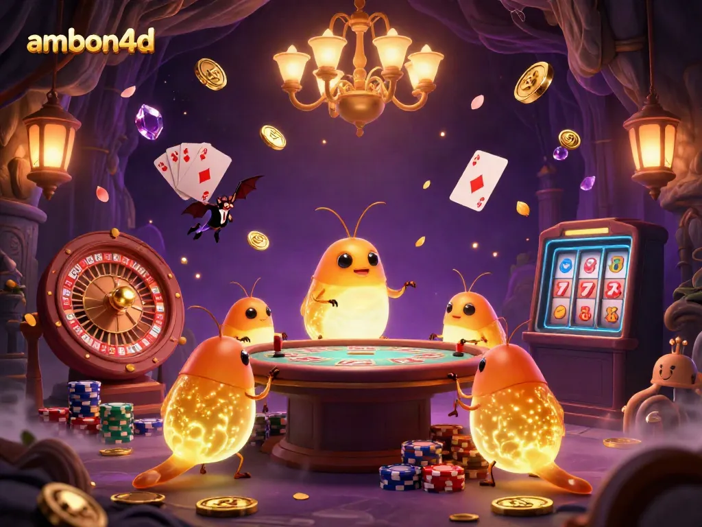 Experience the thrill of ambon4d as glowworms light up a cave casino with flying coins and slot machine reels.