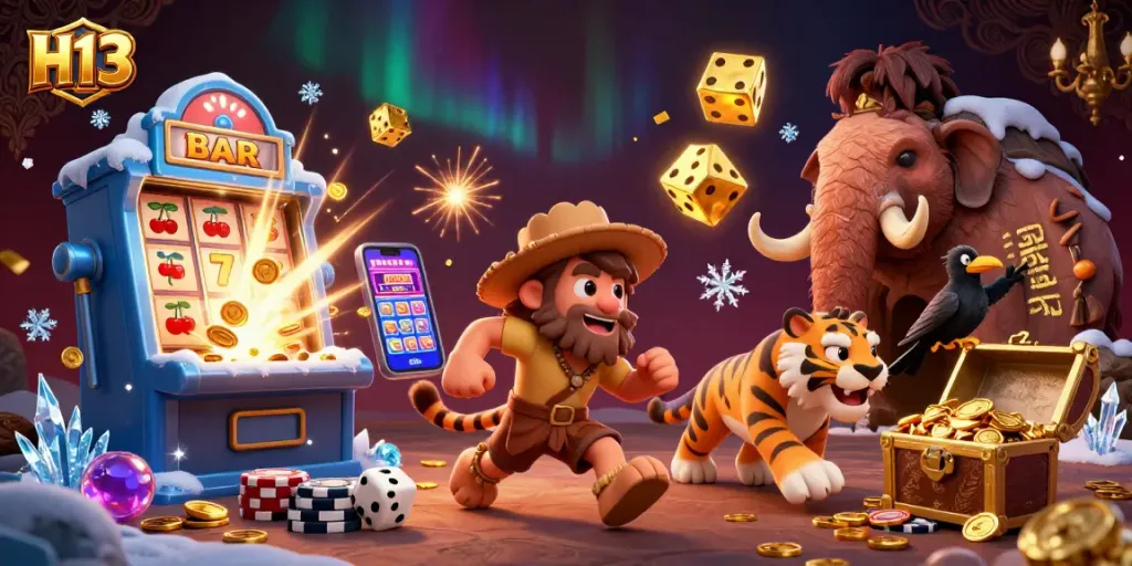 Spin to win at H13 Casino with playful cavemen, a sabertooth tiger, and a crow in a dynamic environment.