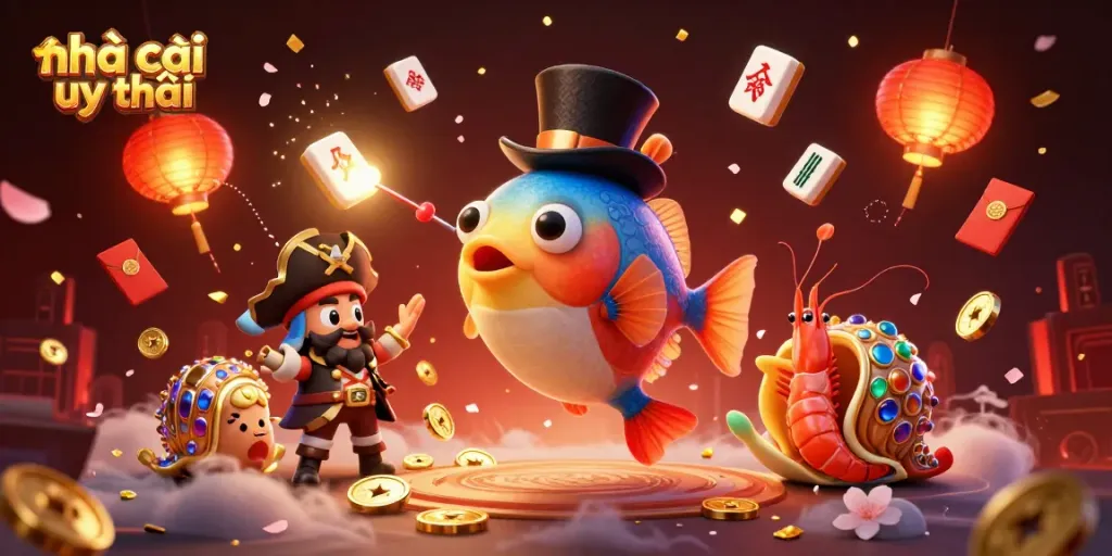 Engage with nhà cái uy tín showcasing a vibrant 3D underwater casino scene featuring glowing treasures and playful characters.