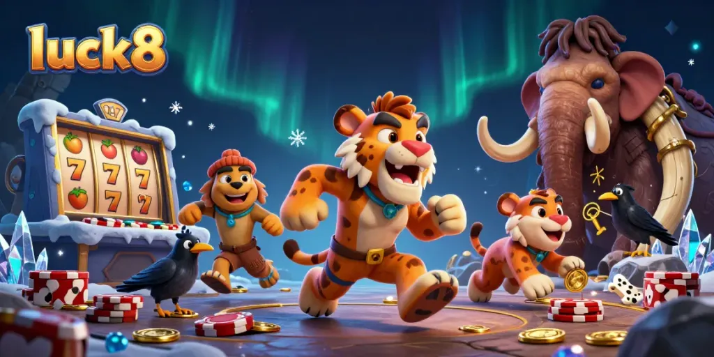 Luck8 characters celebrating a jackpot in a dynamic 3D casino scene with engaging elements.