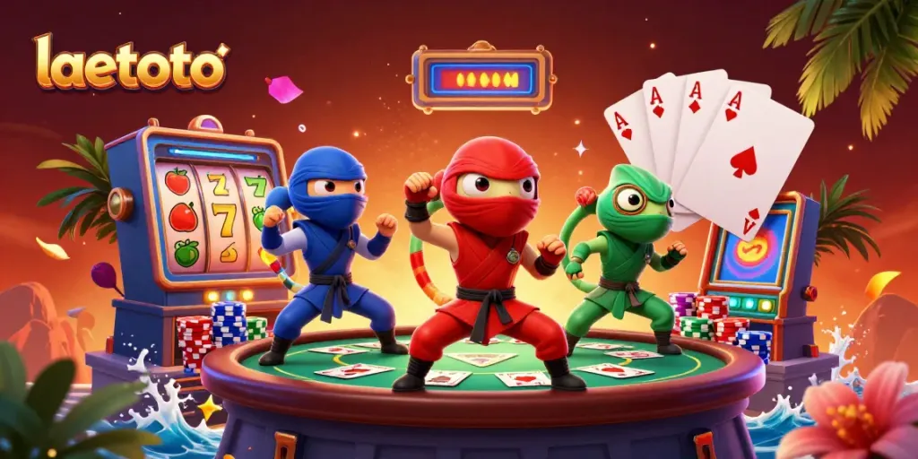 laetoto merayakan keberuntungan dengan mesin slot dan chameleon ninja yang beraksi.