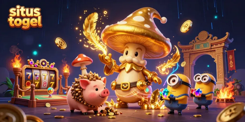 A dynamic scene of a golden mushroom wizard and friends, celebrating wins at situs togel.