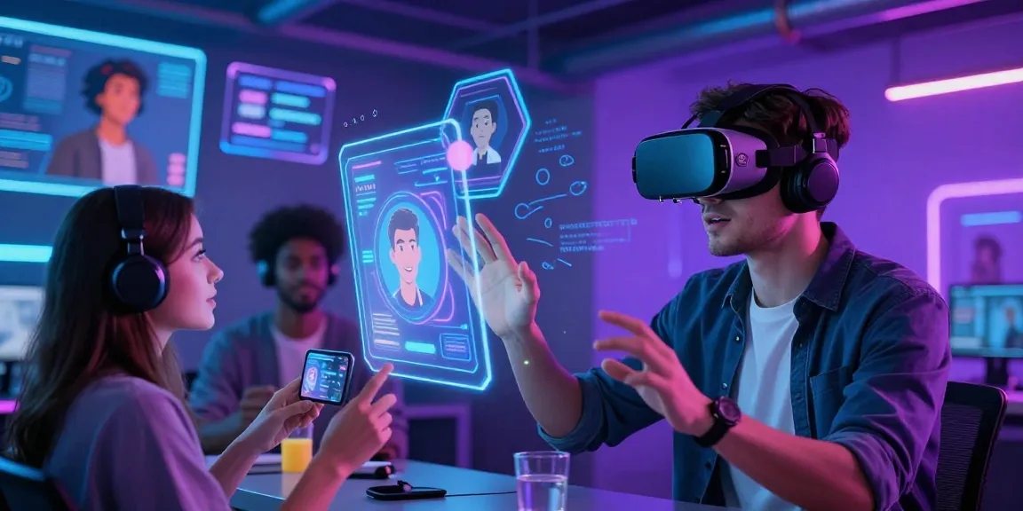 Engaging NSFW AI interactions in a vibrant virtual reality space, showcasing colorful avatars and holographic effects.