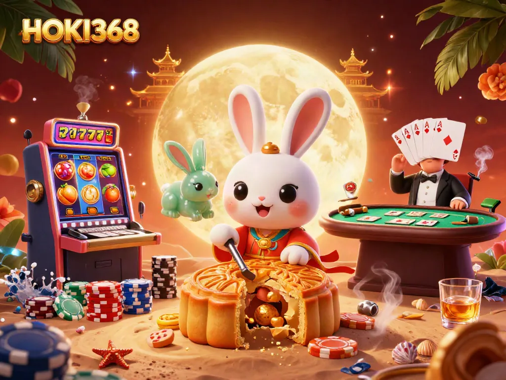 Experience thrilling gameplay with HOKI368 featuring a moon rabbit and vibrant slot elements.